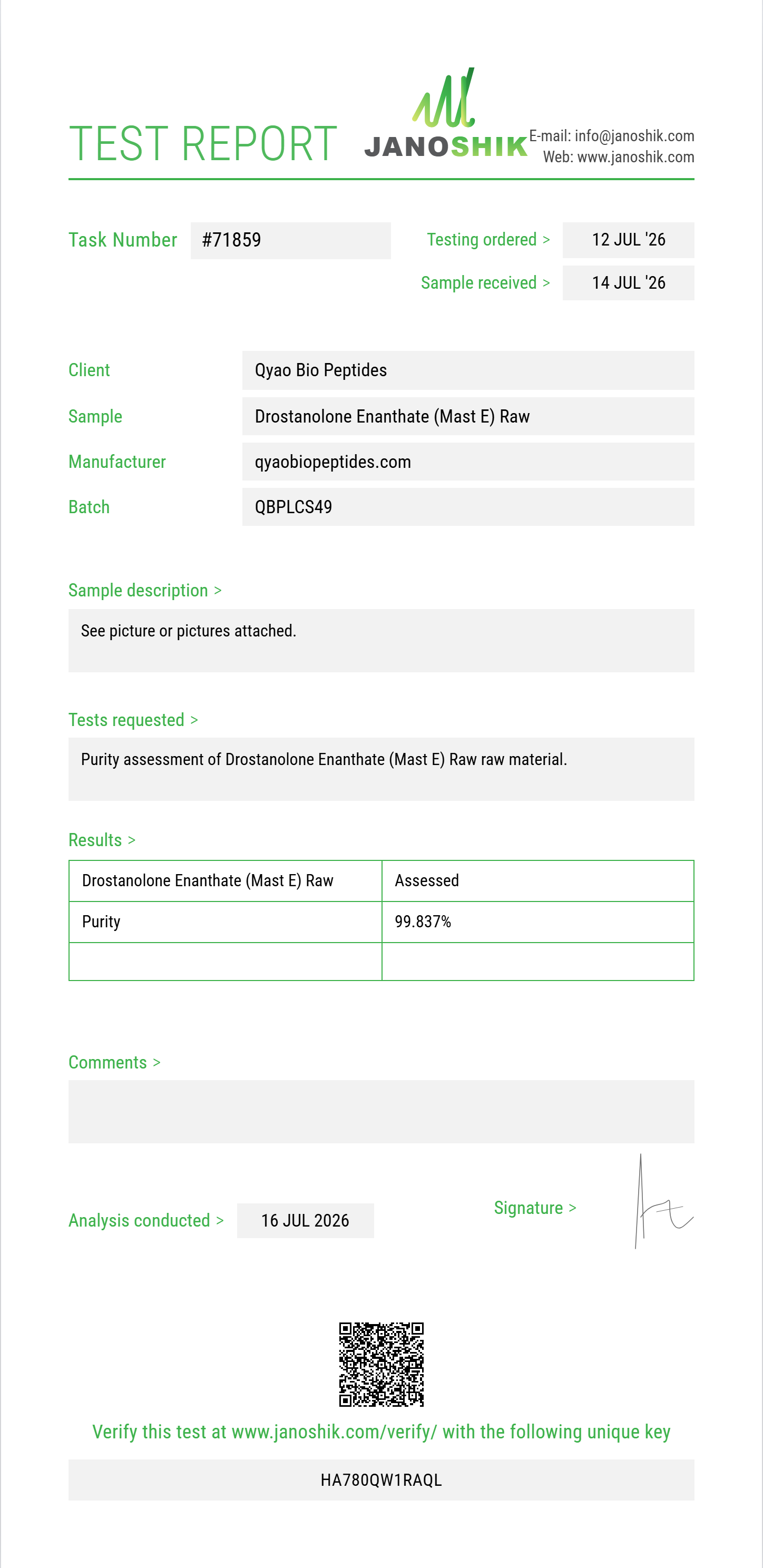 Drostanolone Enanthate (Mast E) Raw Purity (HPLC) report by Janoshik Analytical
