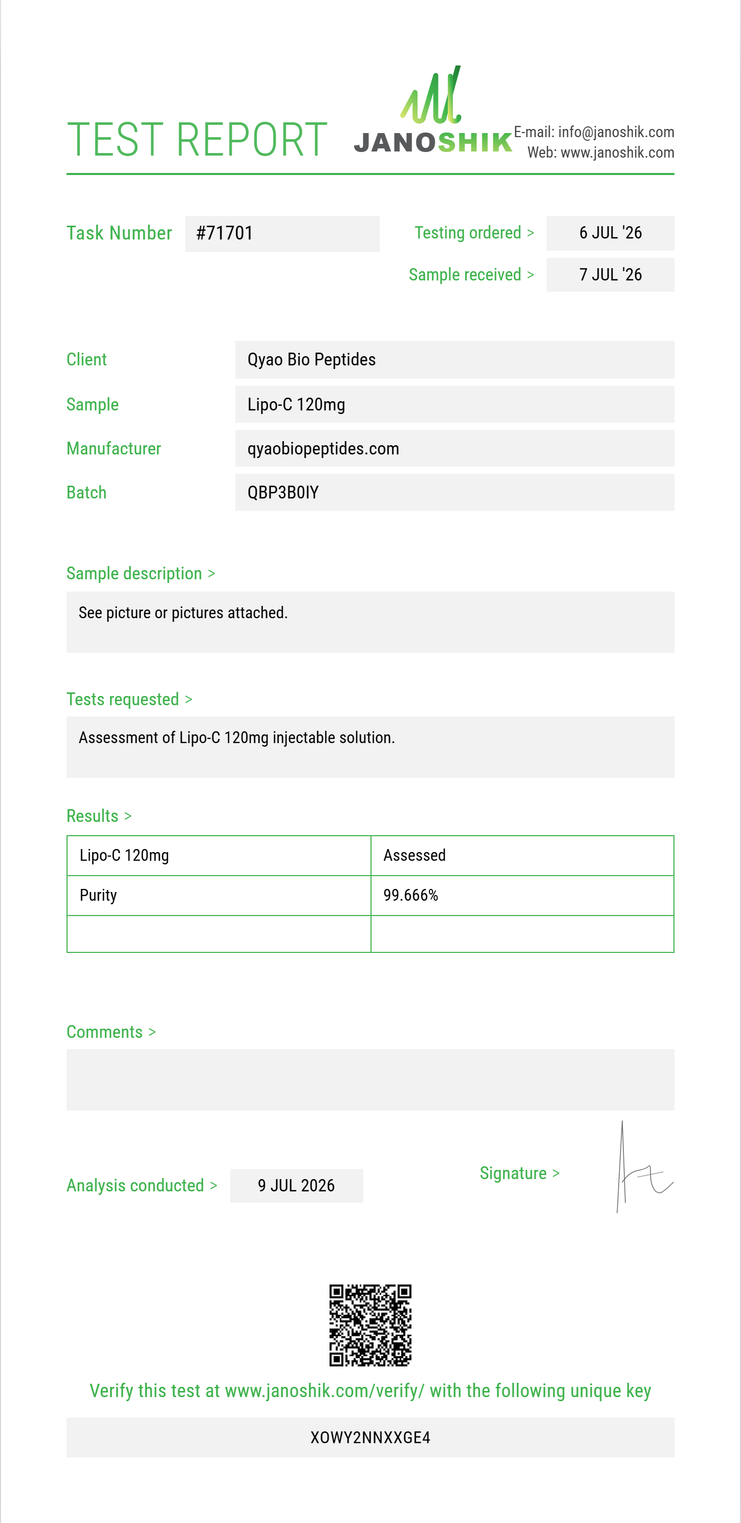 Lipo-C 120mg Purity (HPLC) report by Janoshik Analytical