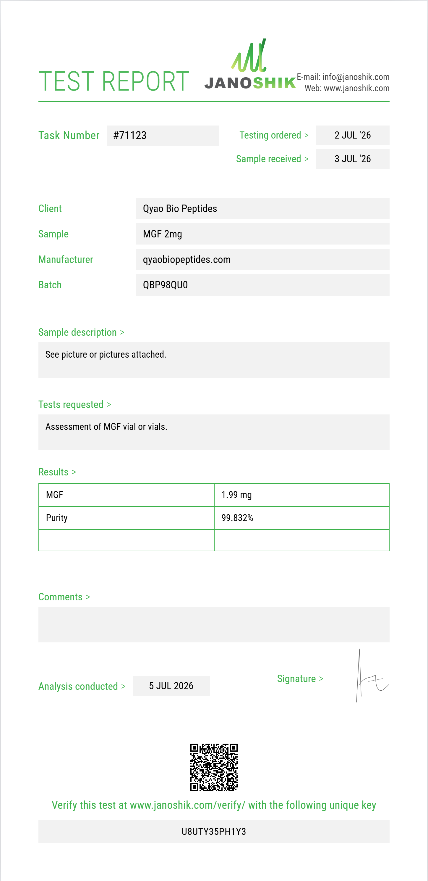 MGF Purity (HPLC) report by Janoshik Analytical