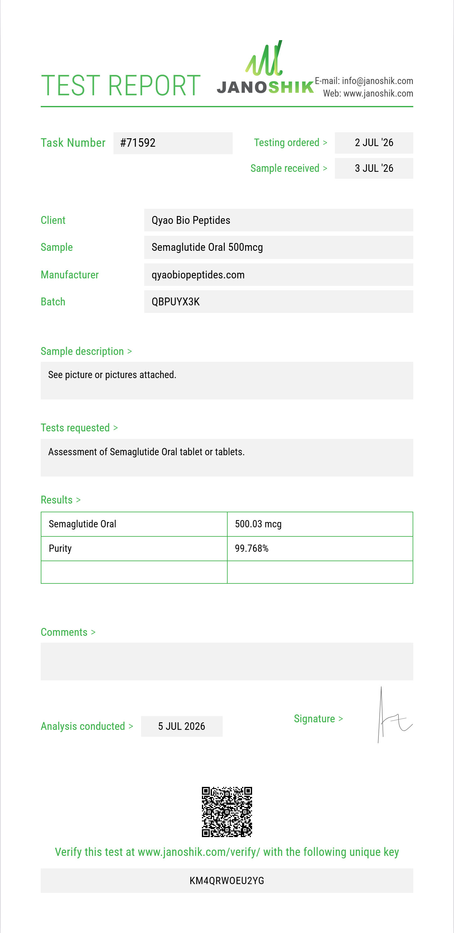 Semaglutide Oral Purity (HPLC) report by Janoshik Analytical