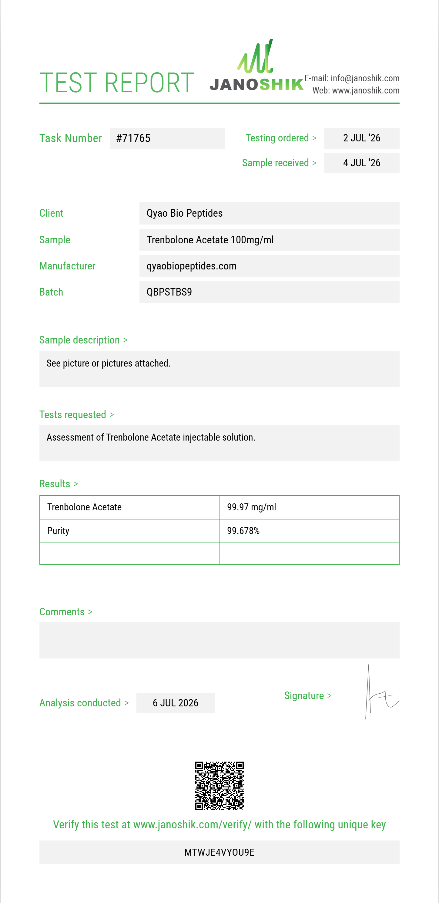 Trenbolone Acetate Purity (HPLC) report by Janoshik Analytical