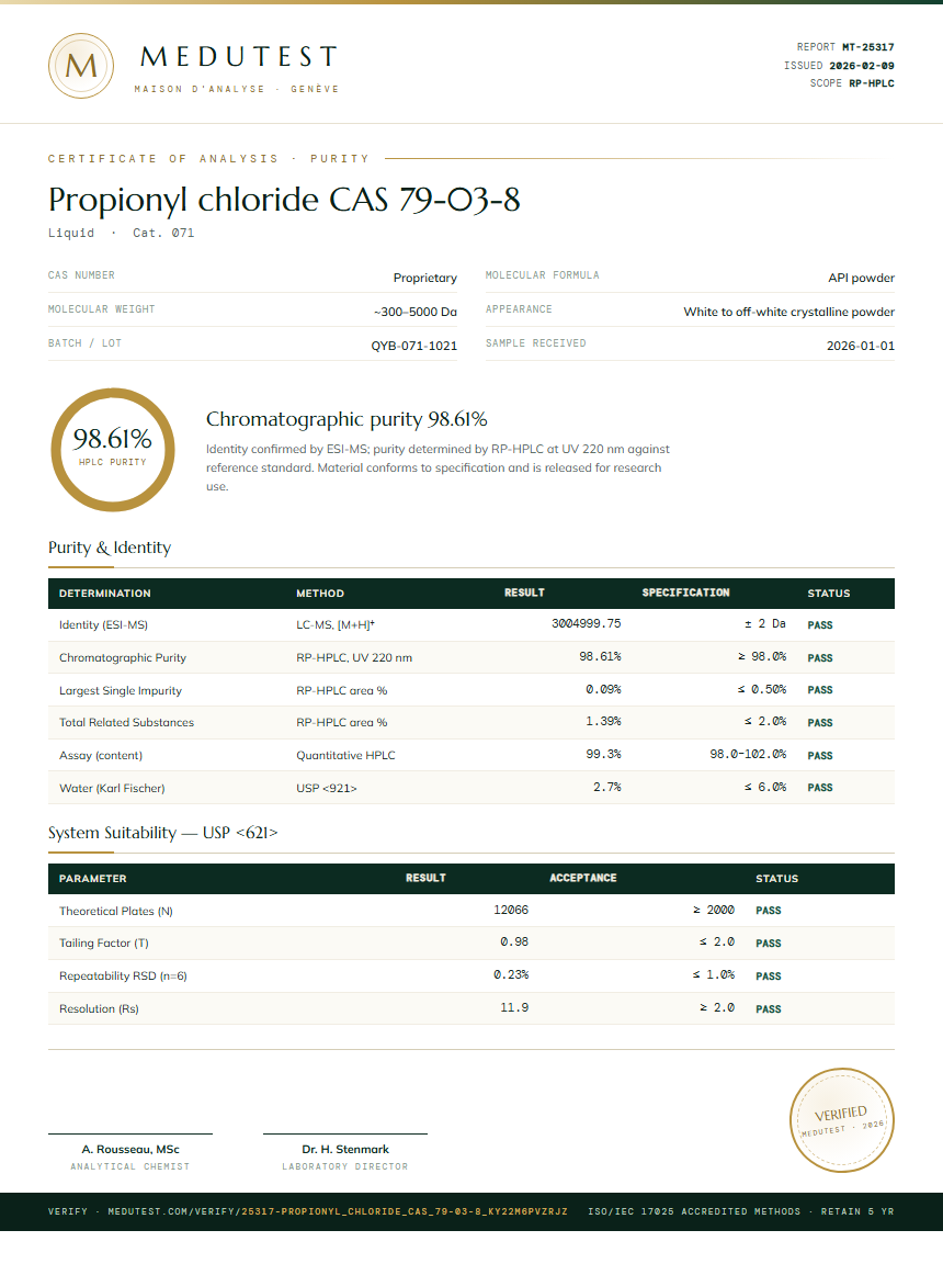 Propionyl chloride CAS 79-03-8 Purity Test Report by Medutest