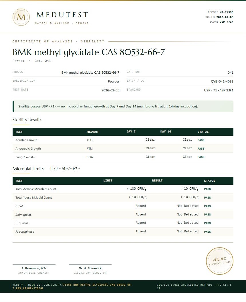 BMK methyl glycidate CAS 80532-66-7 Sterility report by Medutest