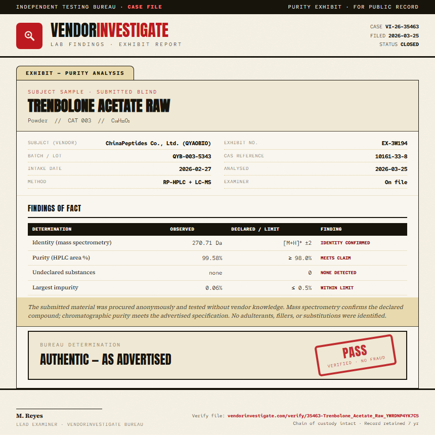 Trenbolone Acetate Raw Purity (HPLC) report by VendorInvestigate
